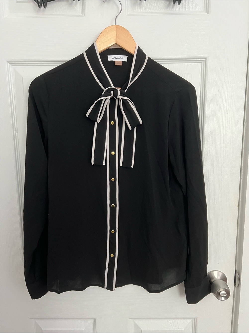 Calvin Klein Black Blouse with White-Trim Bow Tie